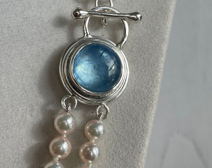 Cultured Akoya Pearl Double Strand with Aquamarine Toggle Clasp, Silver (AADS1)