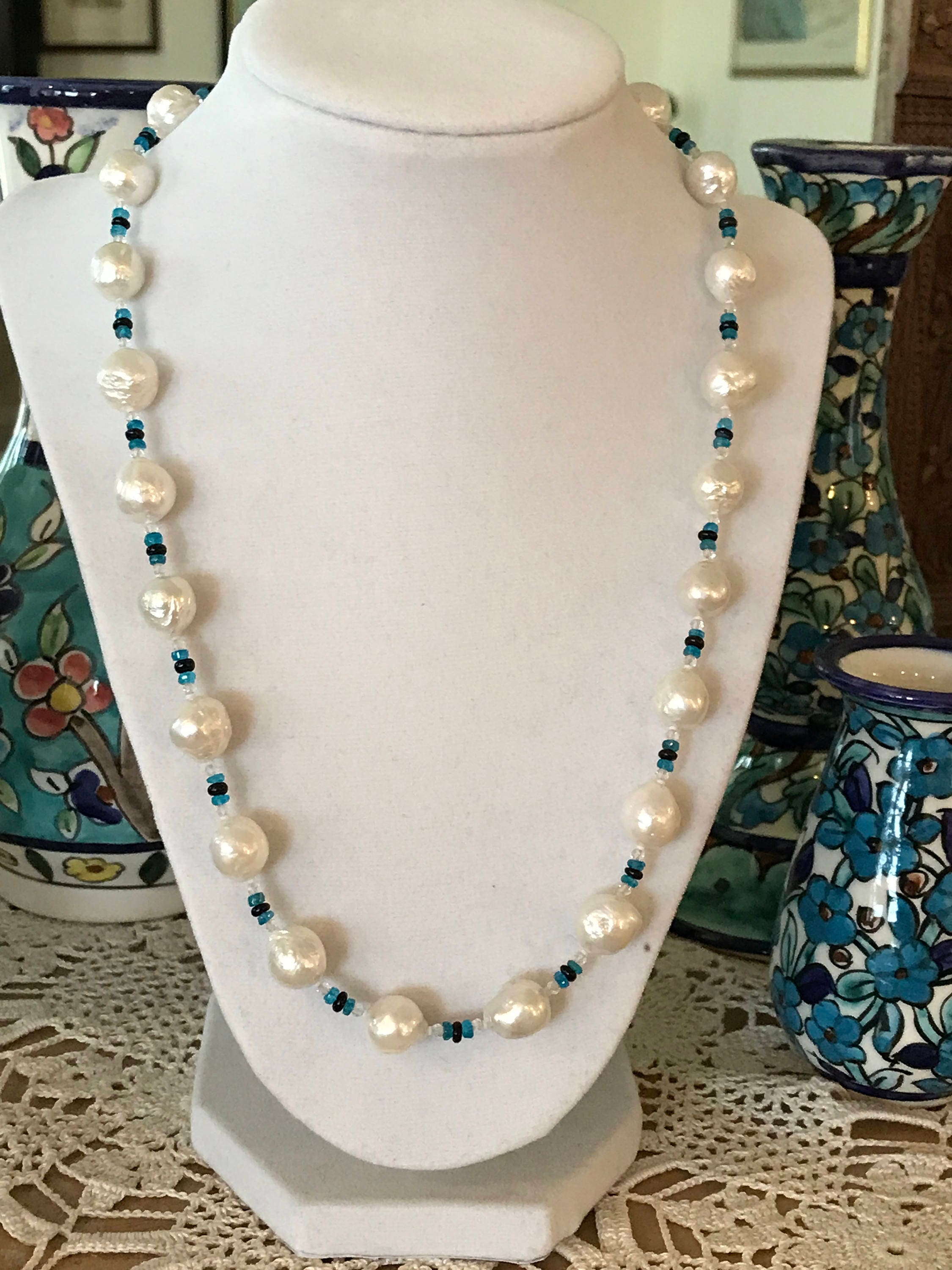 Cultured Freshwater Pearls, Apatite, White Topaz, and Black Opal ...