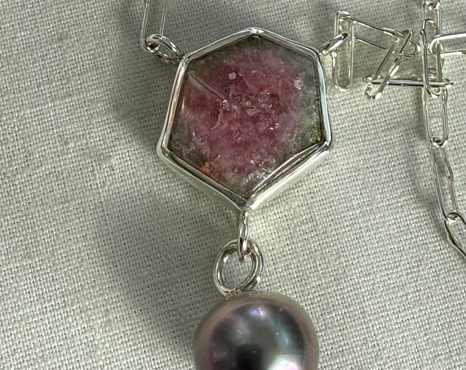 Tourmaline and Cultured Tahitian Pearl Necklace, Silver