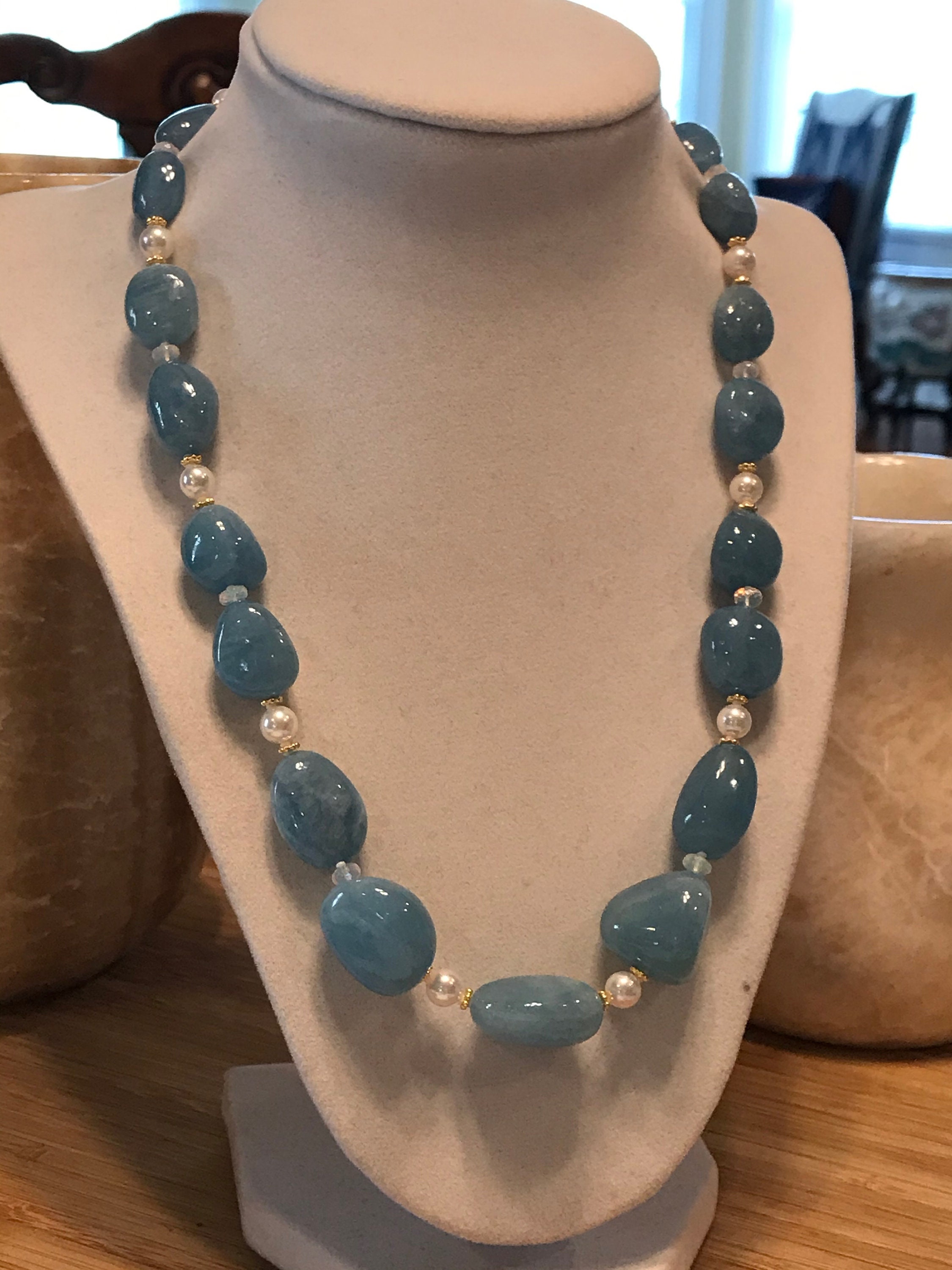 Cultured Akoya Pearls, Chunky Nugget Aquamarine, Opal, 14k Gold ...