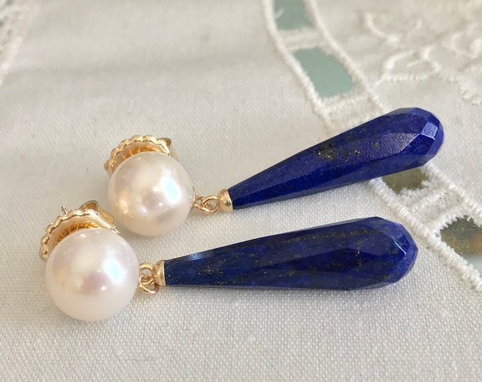 Cultured Freshwater Pearl, Lapis, 14k Gold Earrings (FPE6)