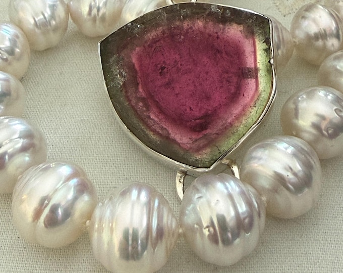 Cultured South Sea Baroque Pearl Strand with Watermelon Tourmaline Toggle Clasp, Silver (WTSSP1)