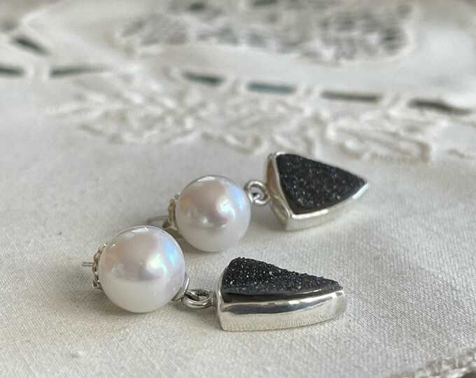 Cultured Freshwater Pearl, Drusy, Silver Earrings (DPE2)