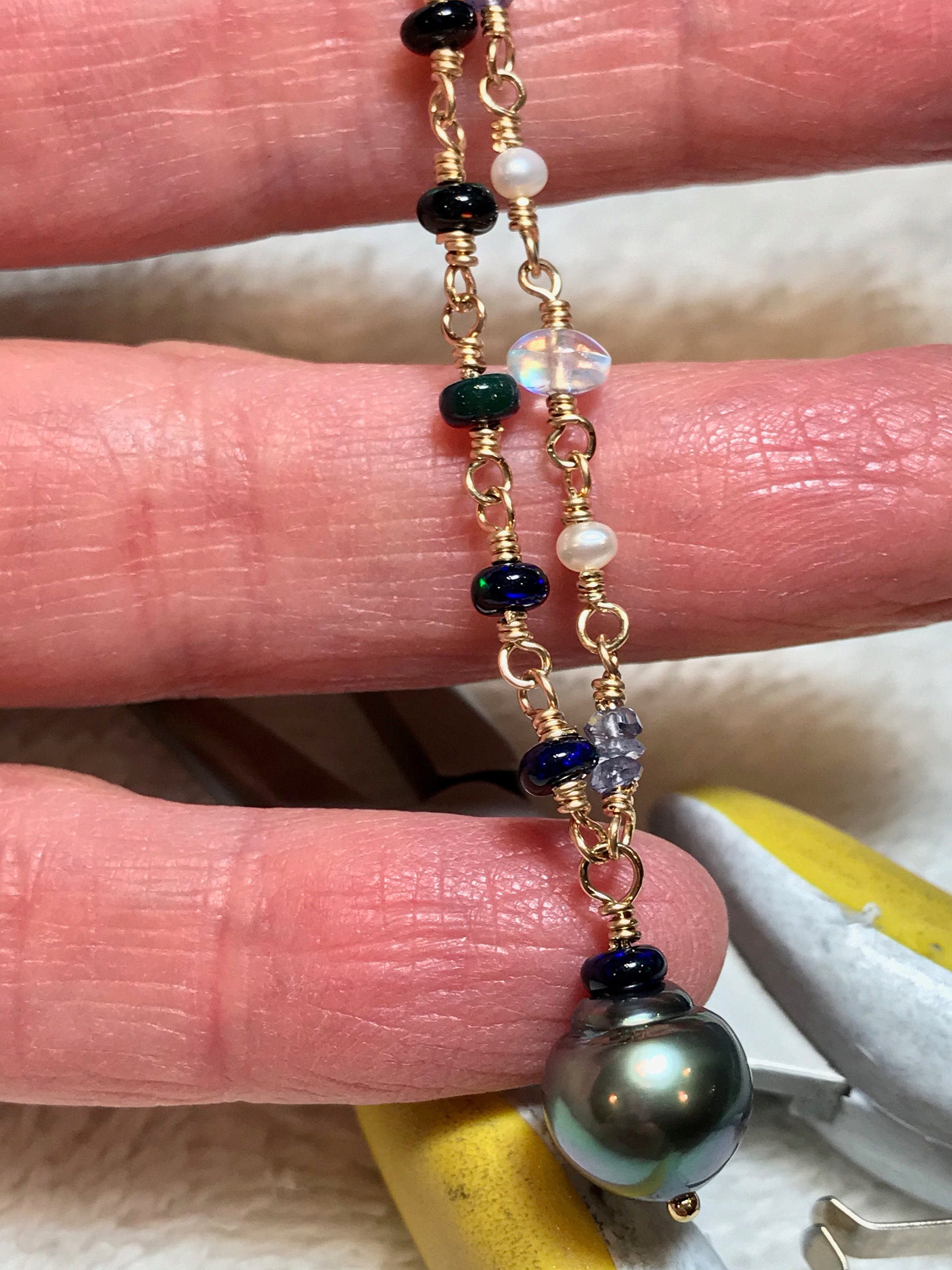 Cultured Tahitian Pearl, Opal, Moonstone, Iolite, 14k Gold Filled ...