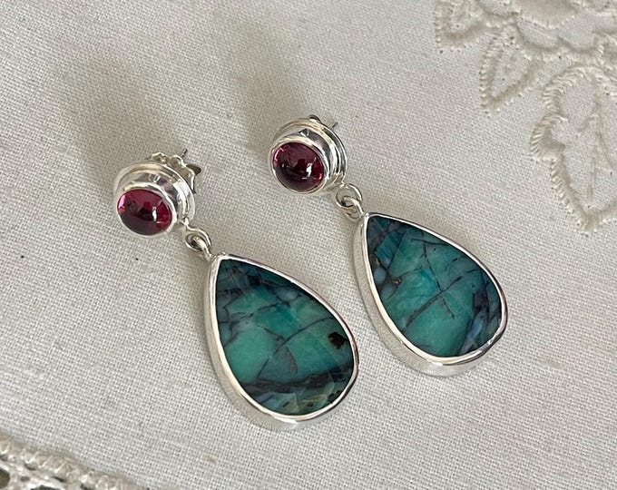 Opalized Wood and Garnet Earrings, Silver (OWG1)