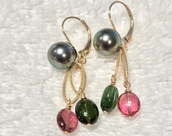 Cultured Tahitian Pearl, Pink and Green Tourmaline, 14k Yellow Gold Earrings (PE78)