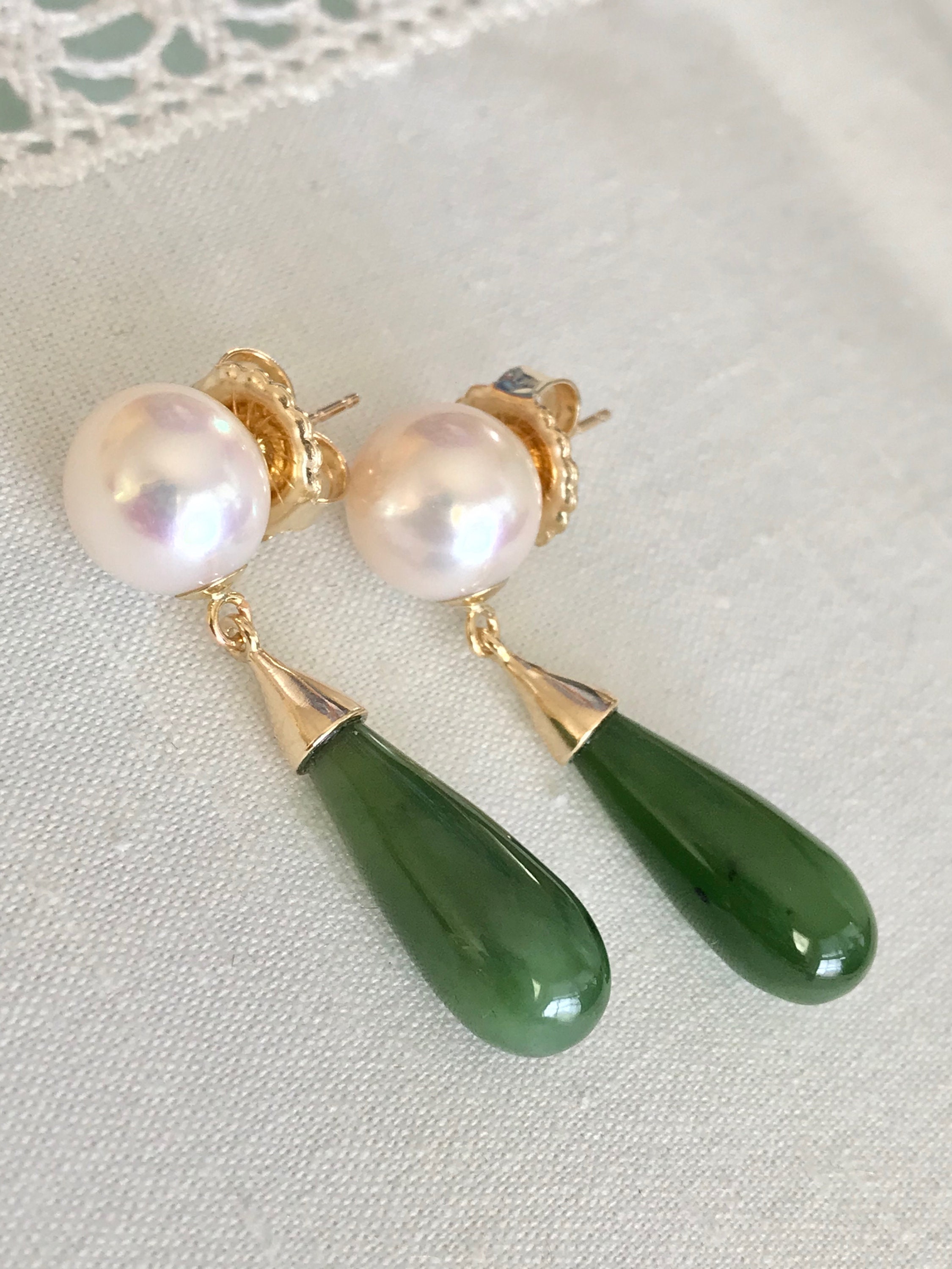 Cultured Freshwater Pearl, Nephrite Jade, 14k Gold Earrings (FPE5)