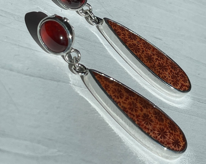 Fossil Coral and Garnet Earrings, Silver (FCE4)