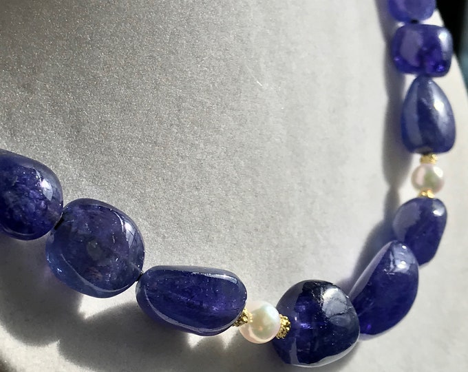 Cultured Akoya Pearls, Tanzanite Nuggets, 14k Necklace (TAN1)