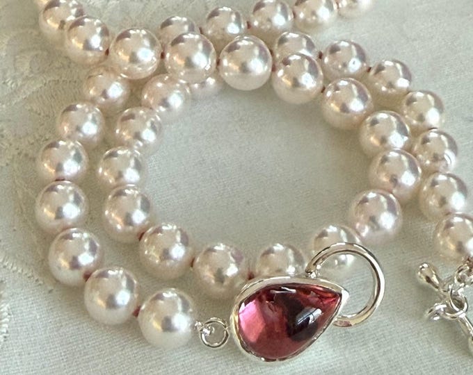Japanese Akoya Cultured Pearl Necklace with Tourmaline Toggle Clasp, Silver (APT1)