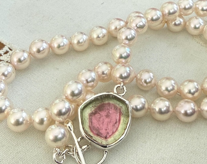 Cultured Akoya Pearl Strand with Watermelon Tourmaline Toggle Clasp, Silver (WTAS1)