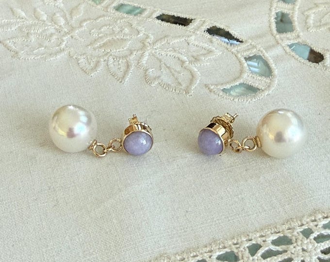 Cultured South Sea Pearls and Lavender Jadeite Jade Earrings, 14k (LJSSP1)