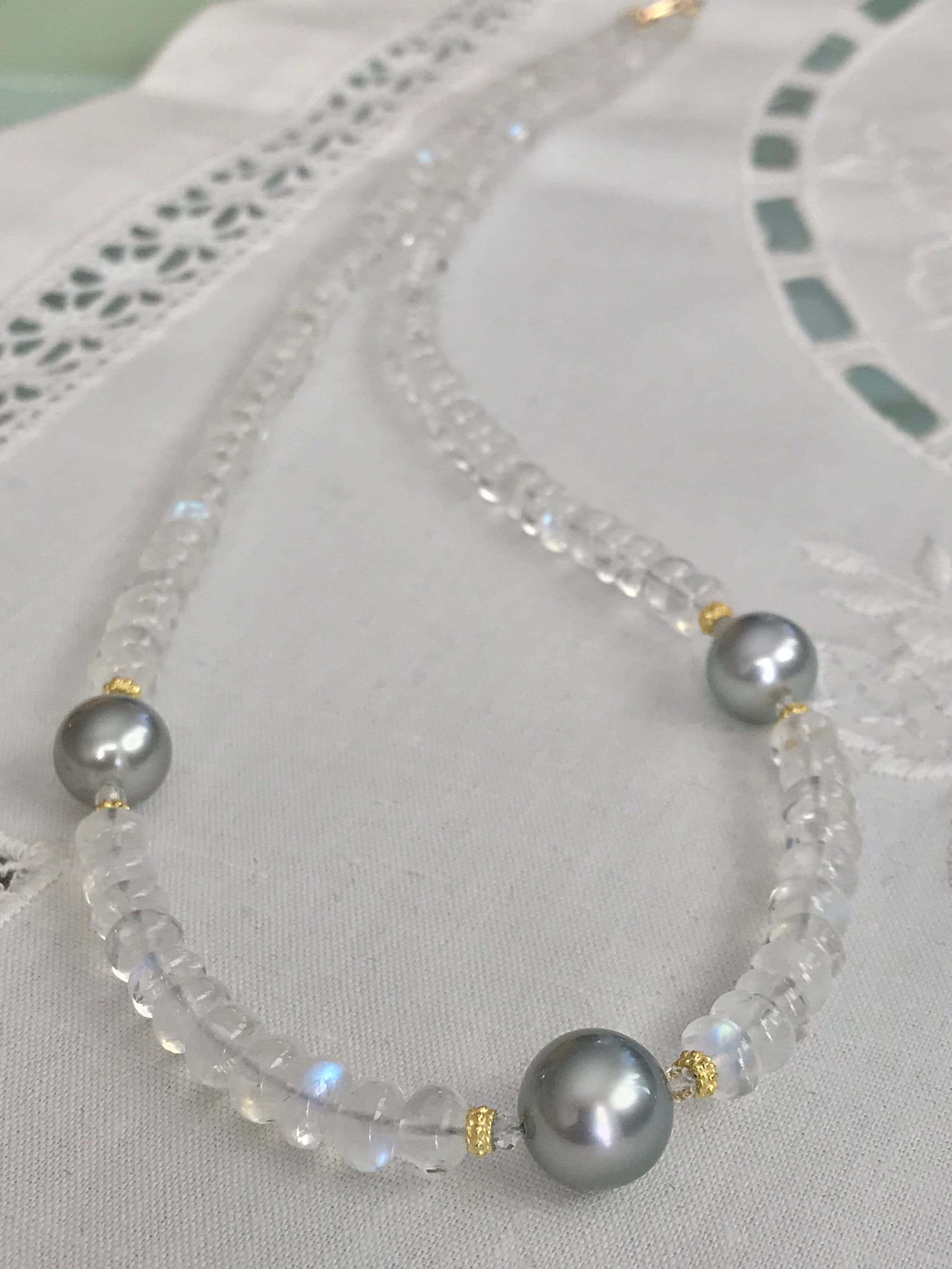 Cultured Tahitian Pearls, Moonstones and 14k Yellow Gold Necklace (LBL3)