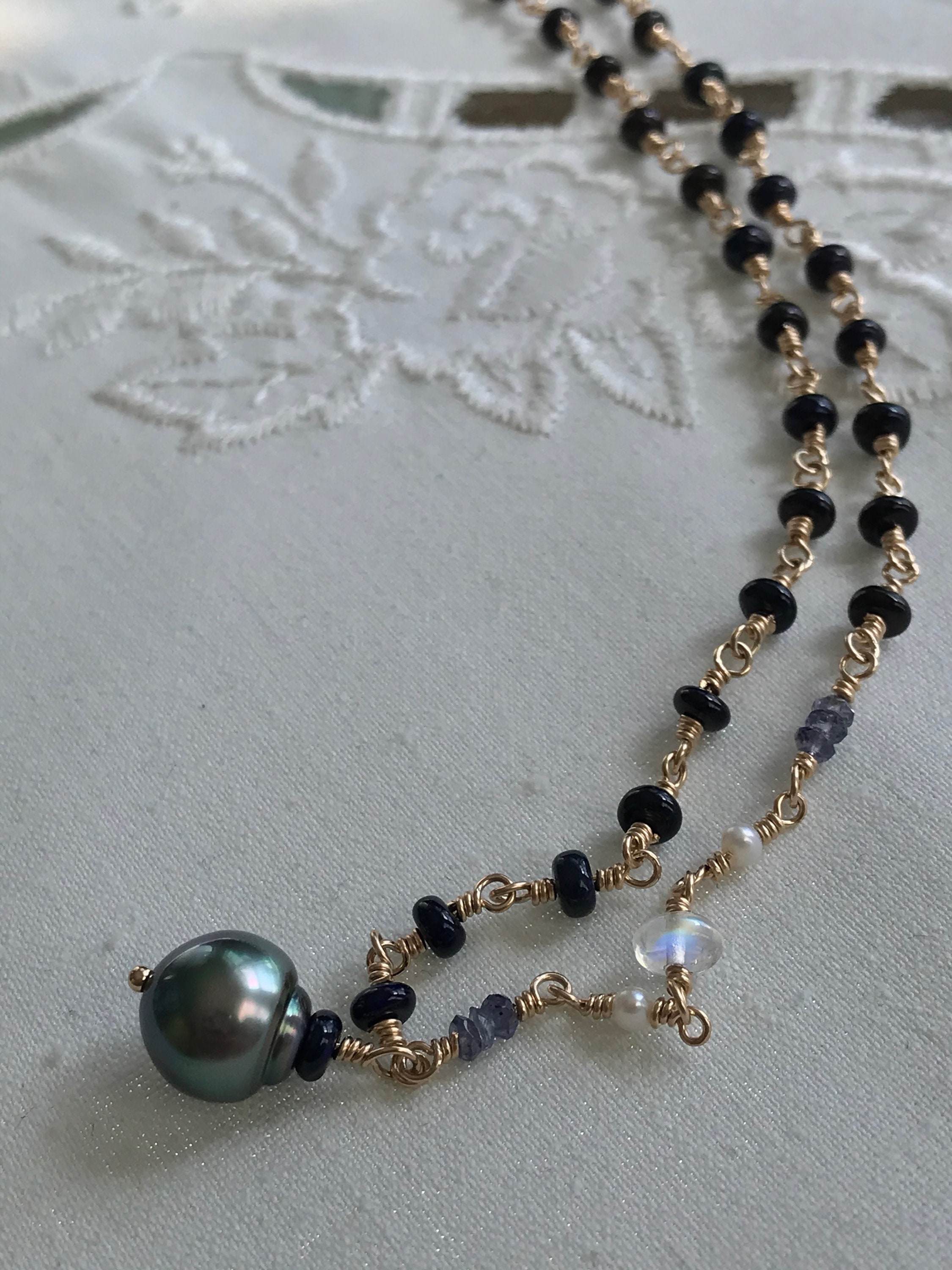 Cultured Tahitian Pearl, Opal, Moonstone, Iolite, 14k Gold Filled ...