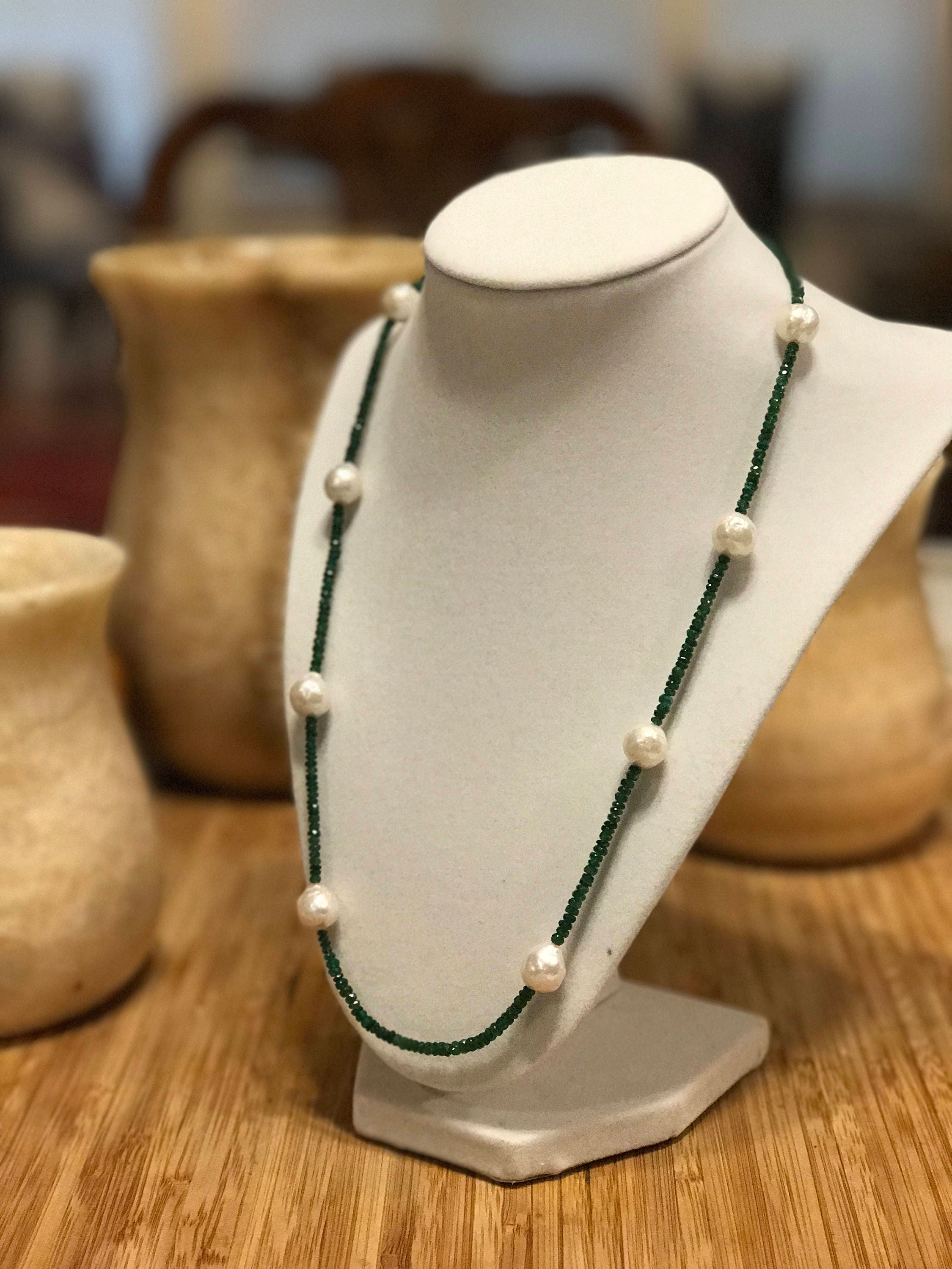 Cultured Freshwater Pearls and Tsavorite Bead Necklace, 14k Yellow Gold