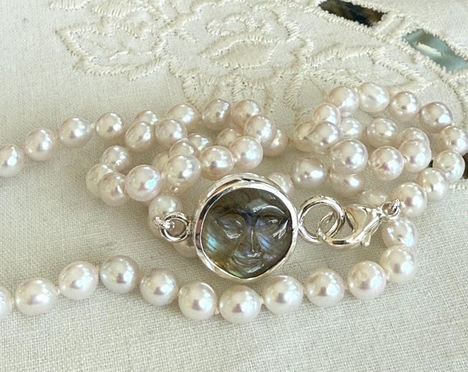 Cultured Freshwater Pearl and Labradorite Moonface Necklace, Silver (MFLS1)