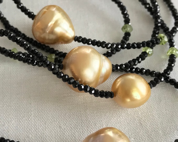 Cultured Golden South Sea Pearl, Peridot and Spinel Necklace, 14k (MM56)