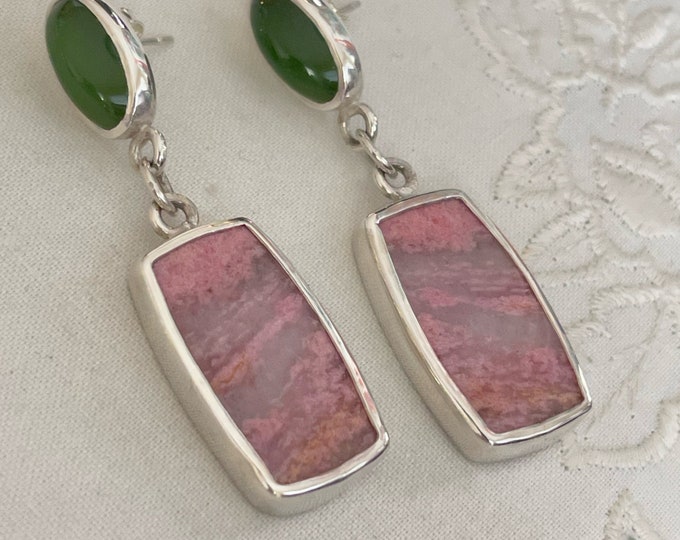 Rhodonite and Nephrite Jade Earrings, Silver (RJE1)