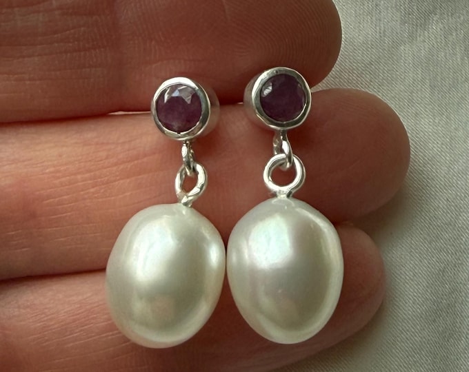 Cultured South Sea Pearl and Ruby Earrings, Silver, 14k