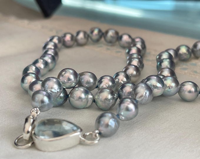 Cultured Baroque Blue Akoya Pearl Strand with Blue Topaz Clasp, Silver (BBA30)
