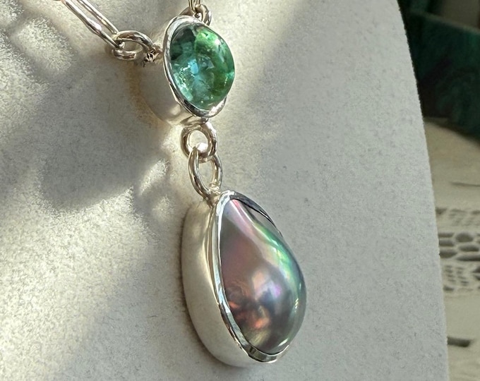 Cultured Sea of Cortez Mabe Pearl, Tourmaline Y Necklace, Silver (SoCN29)