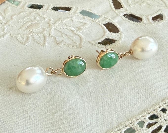 Cultured South Sea Pearl and Jadeite Jade Earrings, 14k (GJSSP1)