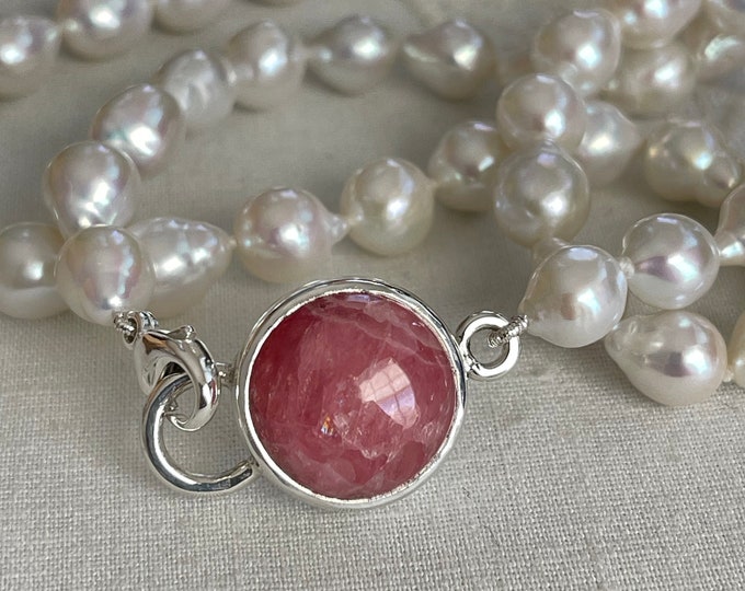 Cultured Freshwater Baroque Pearl Strand with Rhodochrosite Clasp, Silver (CFPT2)