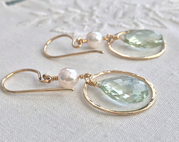 Cultured Akoya Pearl and Prasiolite Earrings, 14k (CE2)