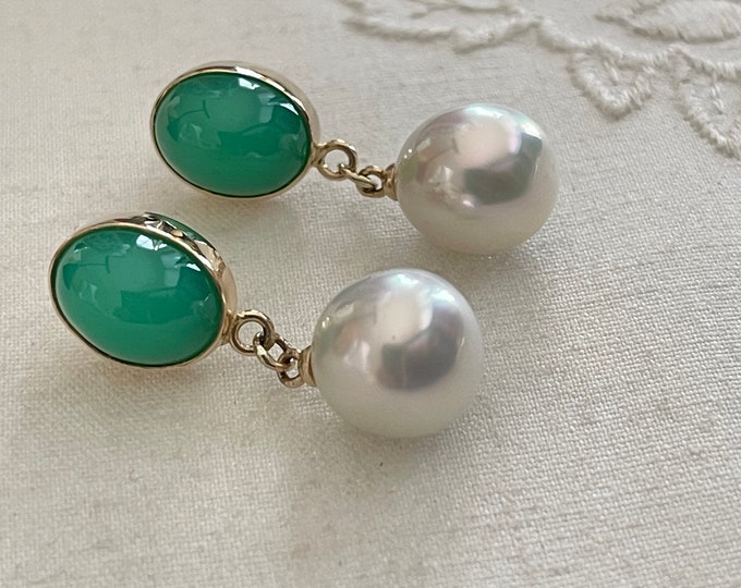 Cultured South Sea Pearls and Chrysoprase Earrings, 14k Yellow Gold (CSSPE1)