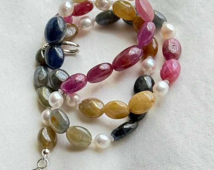 Cultured Freshwater Pearl and Sapphire Necklace, Silver (SFP1)