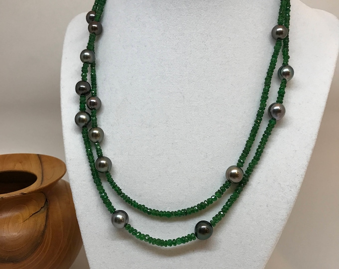 Cultured Tahitian Peal and Tsavorite Necklace with 14k Yellow Gold Clasp (MM28)