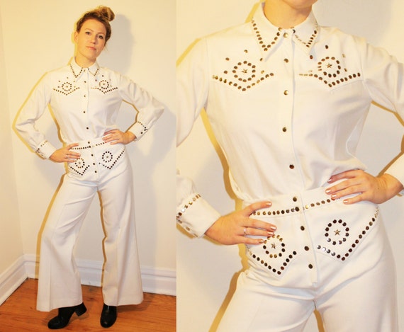 70s Vintage White Polyester Western Studded Suit