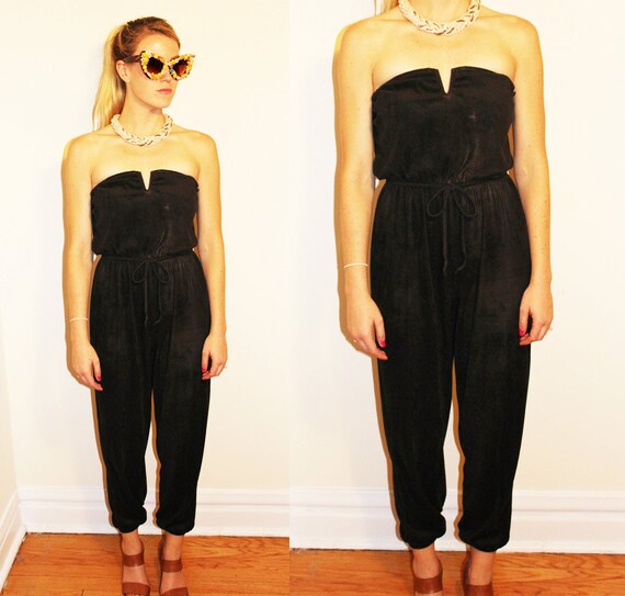 70s Vintage Black Strapless Terrycloth Romper Jump