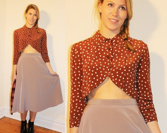 40s Vintage Brown Polka Dot Crepe Capelet Blouse