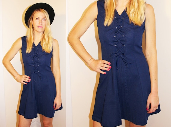 70s Vintage Navy Polyester Lace-Up Dress