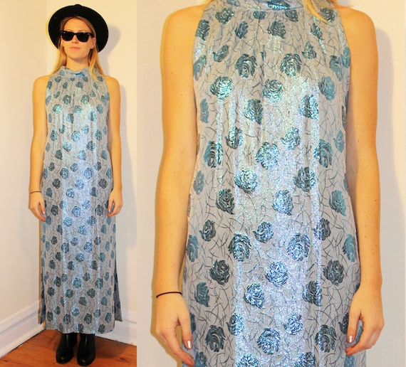 60s Vintage Blue Floral Lamé Gown