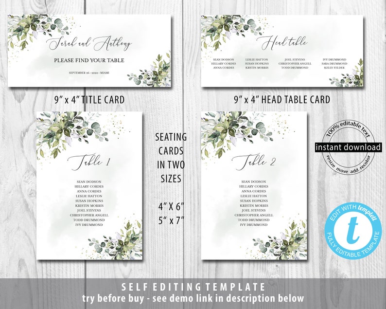 Editable Template Boho Watercolor Greenery Wedding Seating Cards with Eucalyptus in 2 Sizes L1 4x6 and 5x7 INSTANT DOWNLOAD