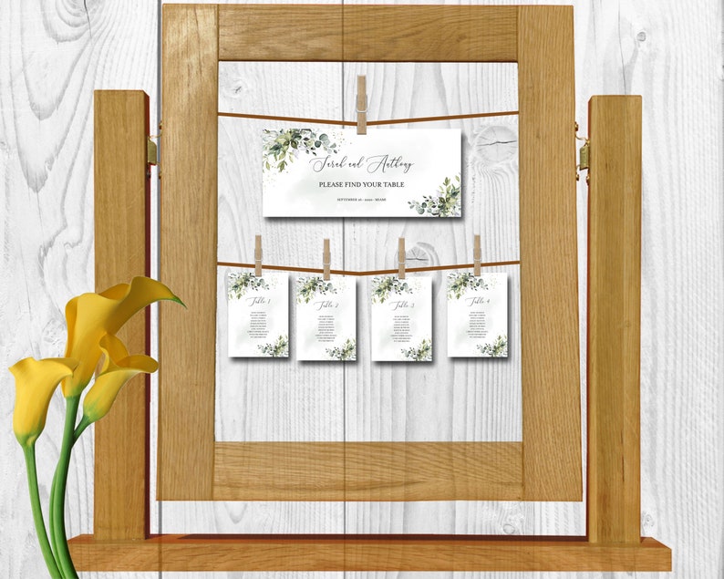 Editable Template Boho Watercolor Greenery Wedding Seating Cards with Eucalyptus in 2 Sizes L1 4x6 and 5x7 INSTANT DOWNLOAD
