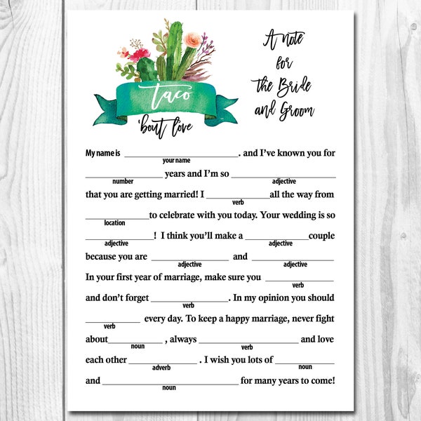 Printable Wedding Mad Libs, Taco Bout Love Wedding Mad Libs Cards for Advice, Rustic Fiesta Southwestern Wedding Reception Game/Activity