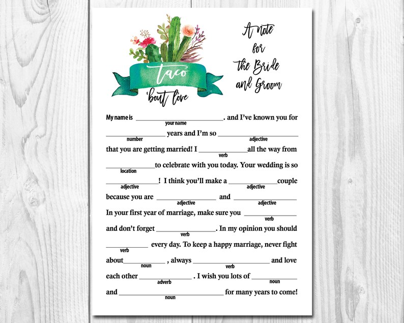 Printable Wedding Mad Libs, Taco Bout Love Wedding Mad Libs Cards for ...