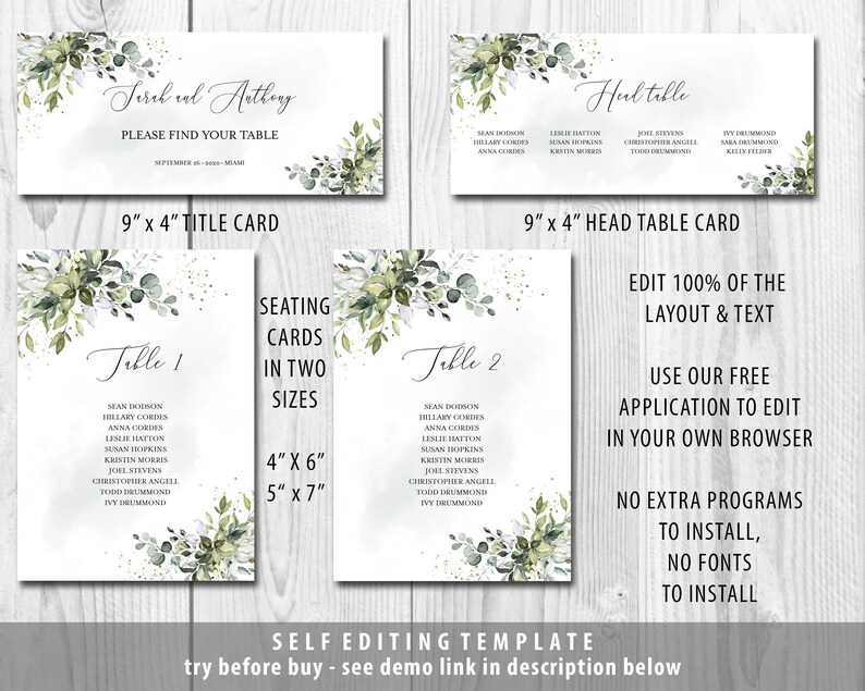 Editable Template Boho Watercolor Greenery Wedding Seating Cards with Eucalyptus in 2 Sizes L1 4x6 and 5x7 INSTANT DOWNLOAD