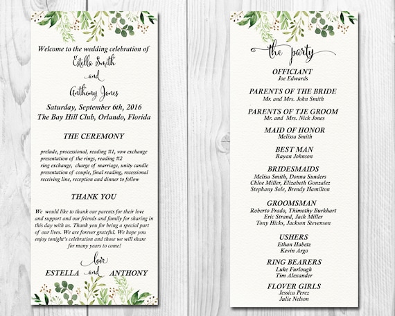 greenery wedding program wedding program printable wedding etsy