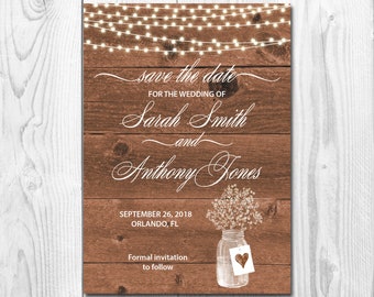 Rustic Wood Style Save the Date Invitation, String Lights, Mason Jar, Country Wedding Invitation, Country Chic, Printable Digital File