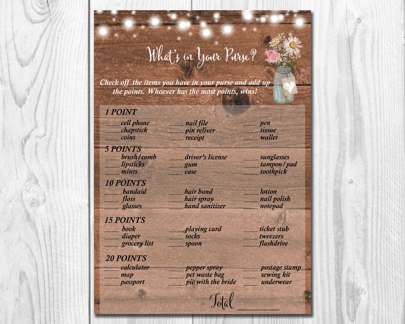 Country Chic, What's in your Purse Game Printable, Bridal Shower Purse Game, Rustic Mason Jar Bridal Shower Game,Printable Purse Game,WS011 image 1