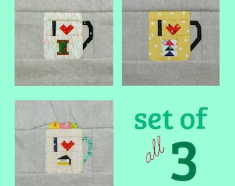 I Heart mugs, a set of paper piecing patterns