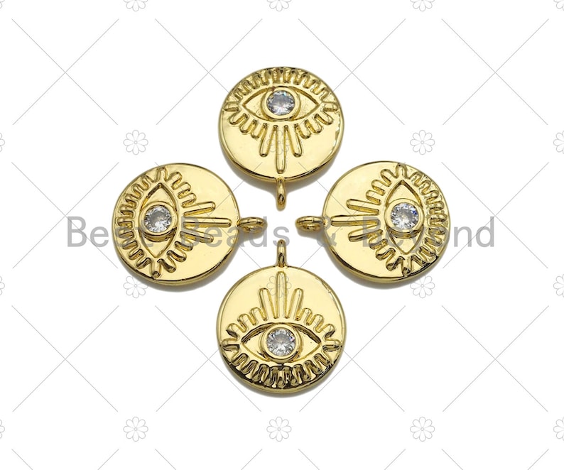 Clear CZ Micro Pave Evil Eye on Disc PendantCharm Lucky Eye Cubic Zirconia Pendant Real Gold Plated Charm Pendant,15x18mm,Sku#L304