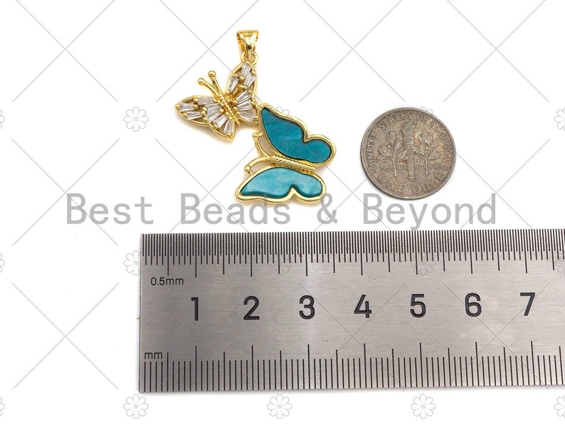 Sku#LK183 Double Bufferfly Charm CZ Micro Pave Butterfly with MOP Butterfly PendantsCharm Colorful Butterfly Pendant 25x32mm