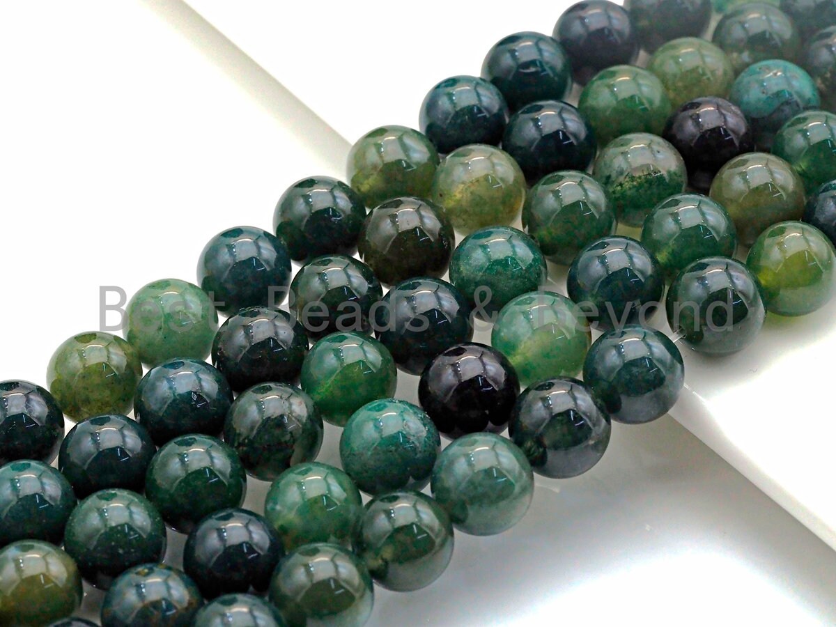Natural Moss Agate, Round Smooth 6mm/8mm/10mm/12mm, Green Gemstone