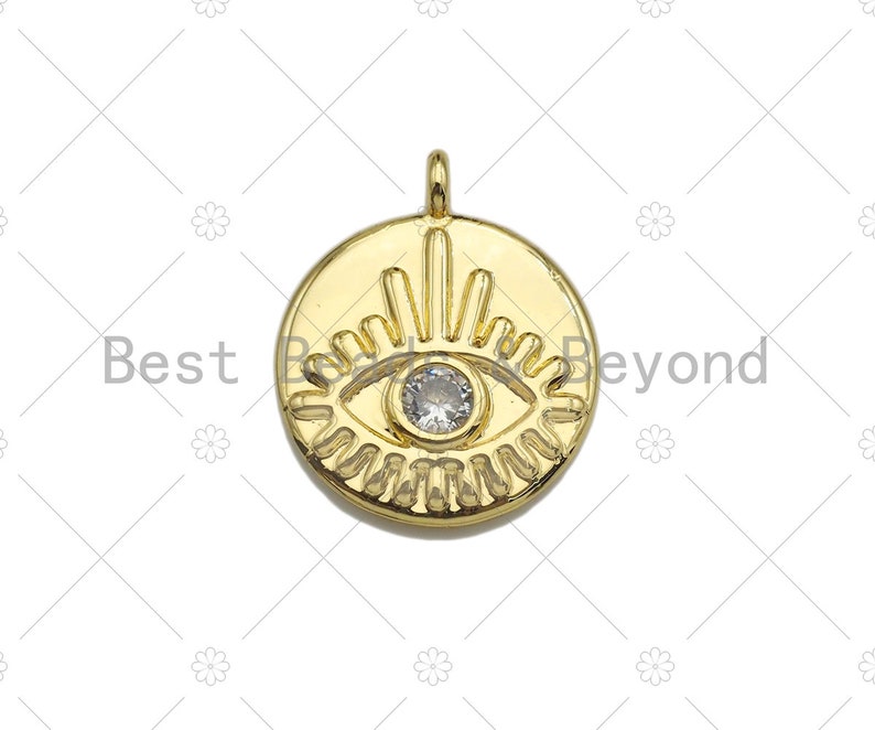 Clear CZ Micro Pave Evil Eye on Disc PendantCharm Lucky Eye Cubic Zirconia Pendant Real Gold Plated Charm Pendant,15x18mm,Sku#L304