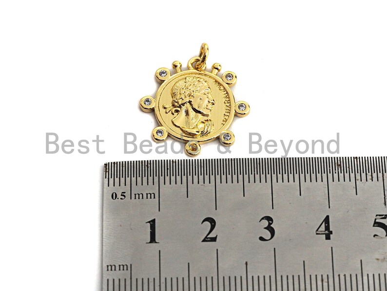 Medallion Coin PendantCharm 20x20mm,Sku#Z449 Medallion Cubic Zirconia Pendant SilverGold Tone